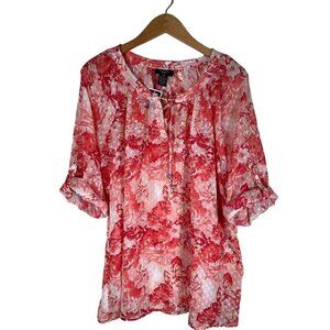 NWT Verve Womens Size 2X Tunic Sheer Coral Floral and Swiss Dots Roll Tab Sleeve